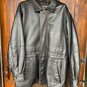 Men's Black Leather Jacket, William Barry, Size Large